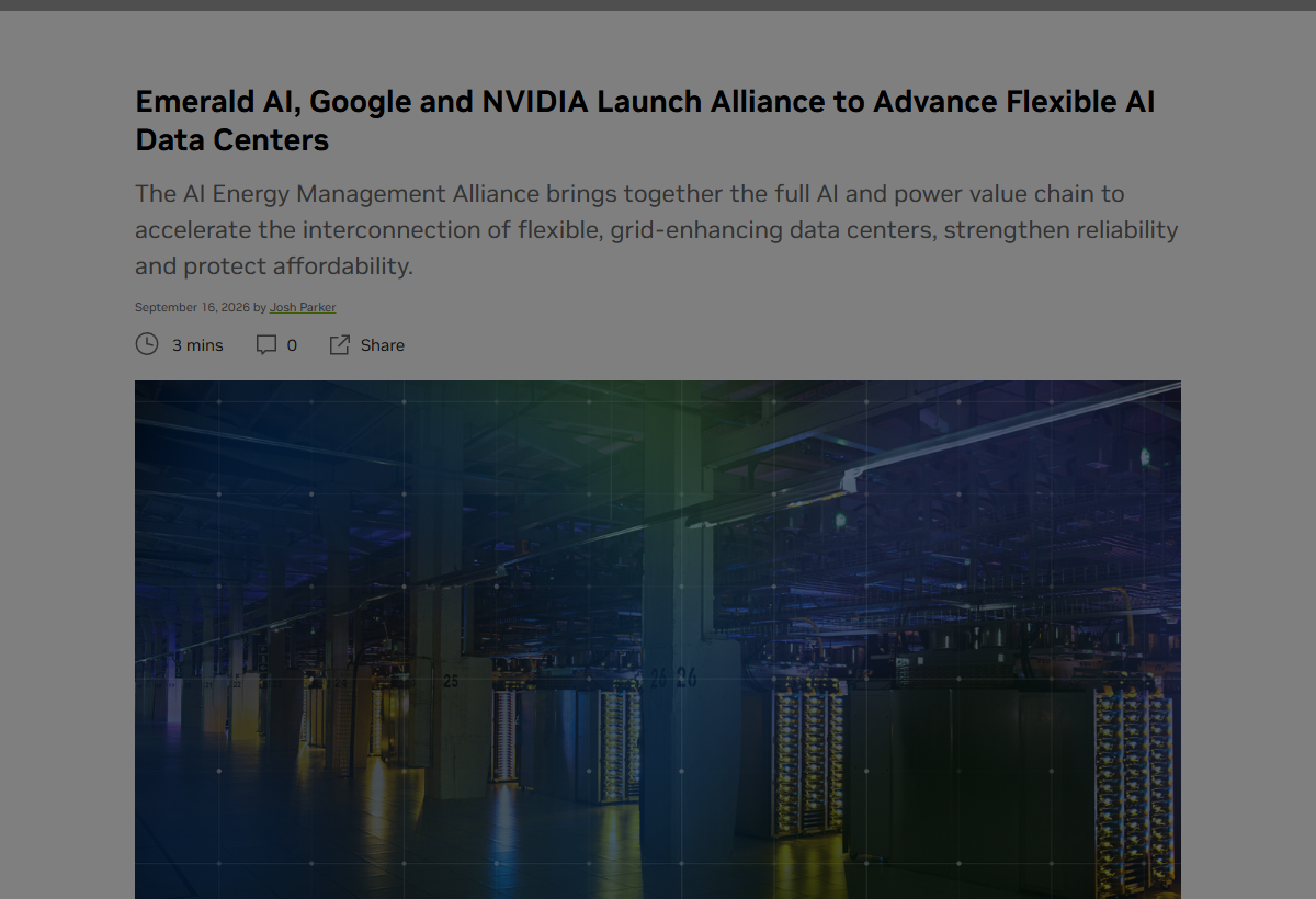 Скриншот офіційного повідомлення про nvidia, google та emerald ai створили альянс для гнучкого споживання дата-центрів